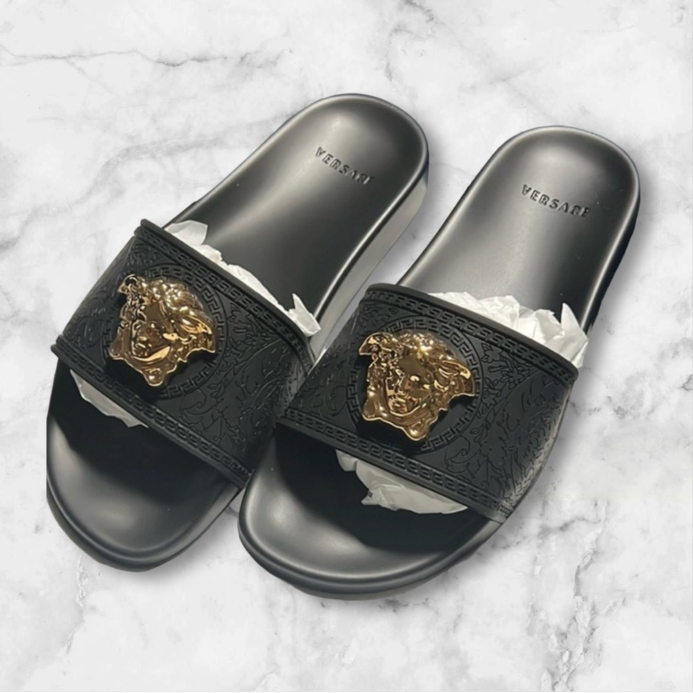 Versace slides gold Black w Gold Medusa head. 38